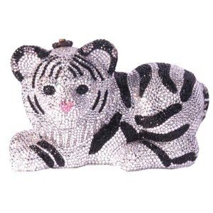Snow Cub Baby Tiger Hand-Carved Acacia Wood Clutch with Swarovski Crystals